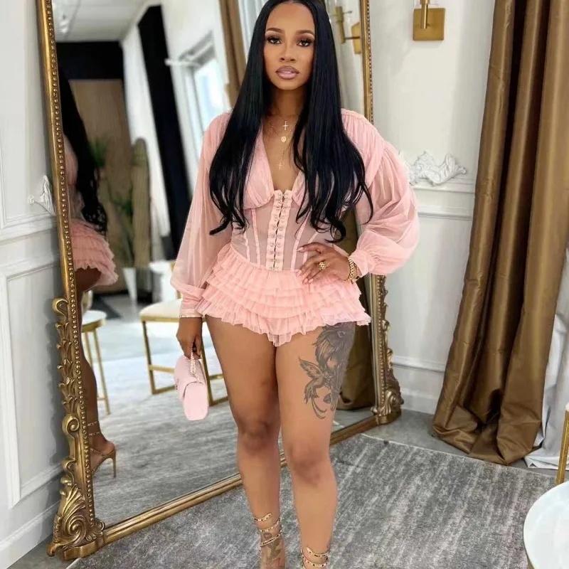 

Ruffles See Through Mesh Patchwork Solid Playsuits Women Sexy V Neck Lantern Long Sleeve Metal Single Breasted Vacation Rompers