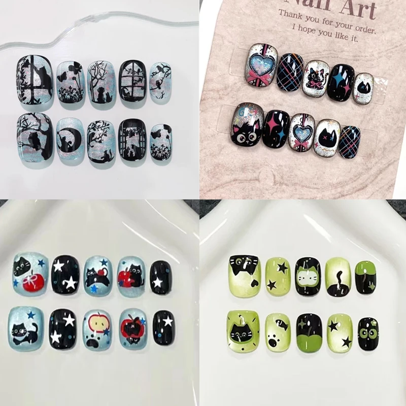 10 faux ongles courts ovales noirs motif chats mignons, réutilisables et détachables, autocollants pour ongles