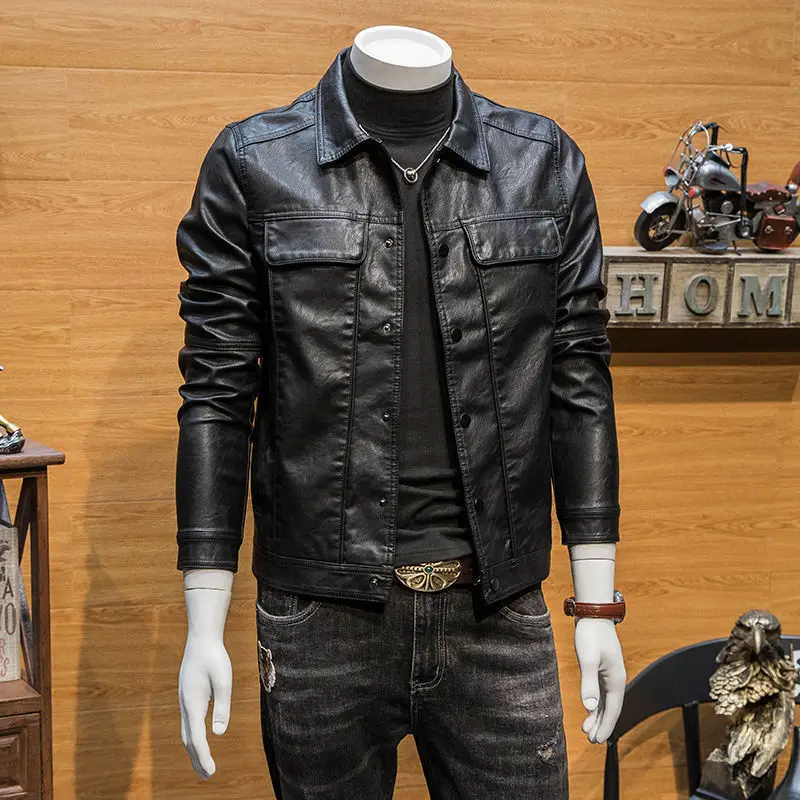 KIDWHXR Leather Coat Man Autumn Streetwear Single-breasted Male Outerwear Slim Long Sleeve Casual Men Motorcycle Punk Jacket
