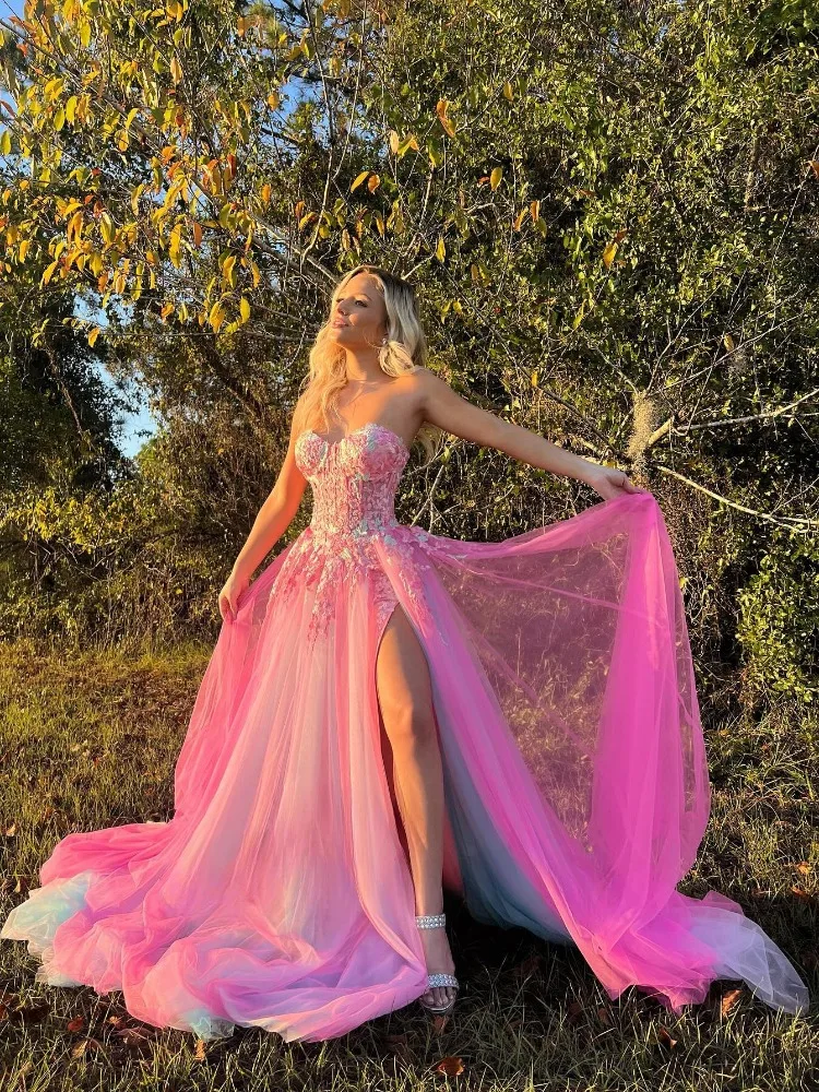 Vestido de fiesta de graduación Rosa cielo azul sin tirantes, apliques de encaje, flores, abertura lateral, Formal, boda, compromiso, vestidos de noche