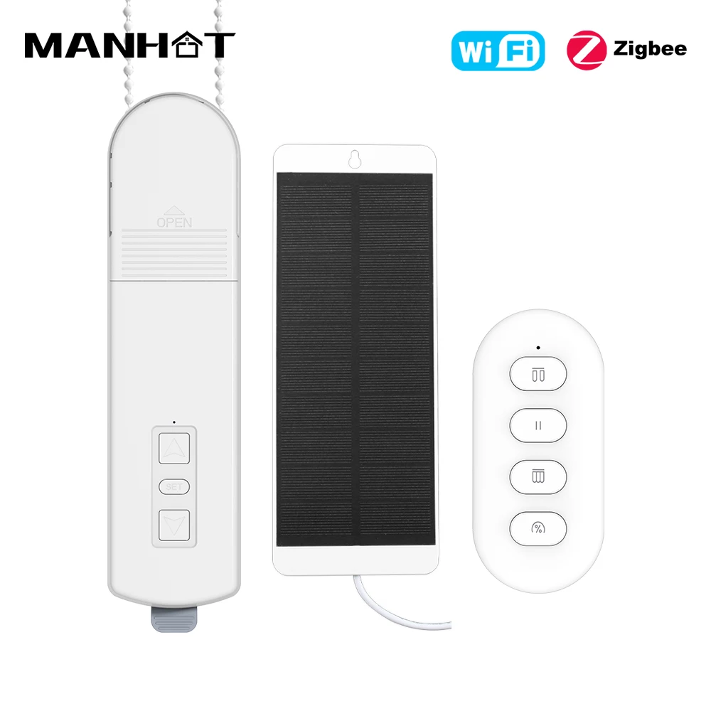 MANHOT WiFi/Zigbee Smart Roller Blinds Motor Shade Driver with Solar Panel Rechargeable Work with Tuya Alexa Google Home Alice