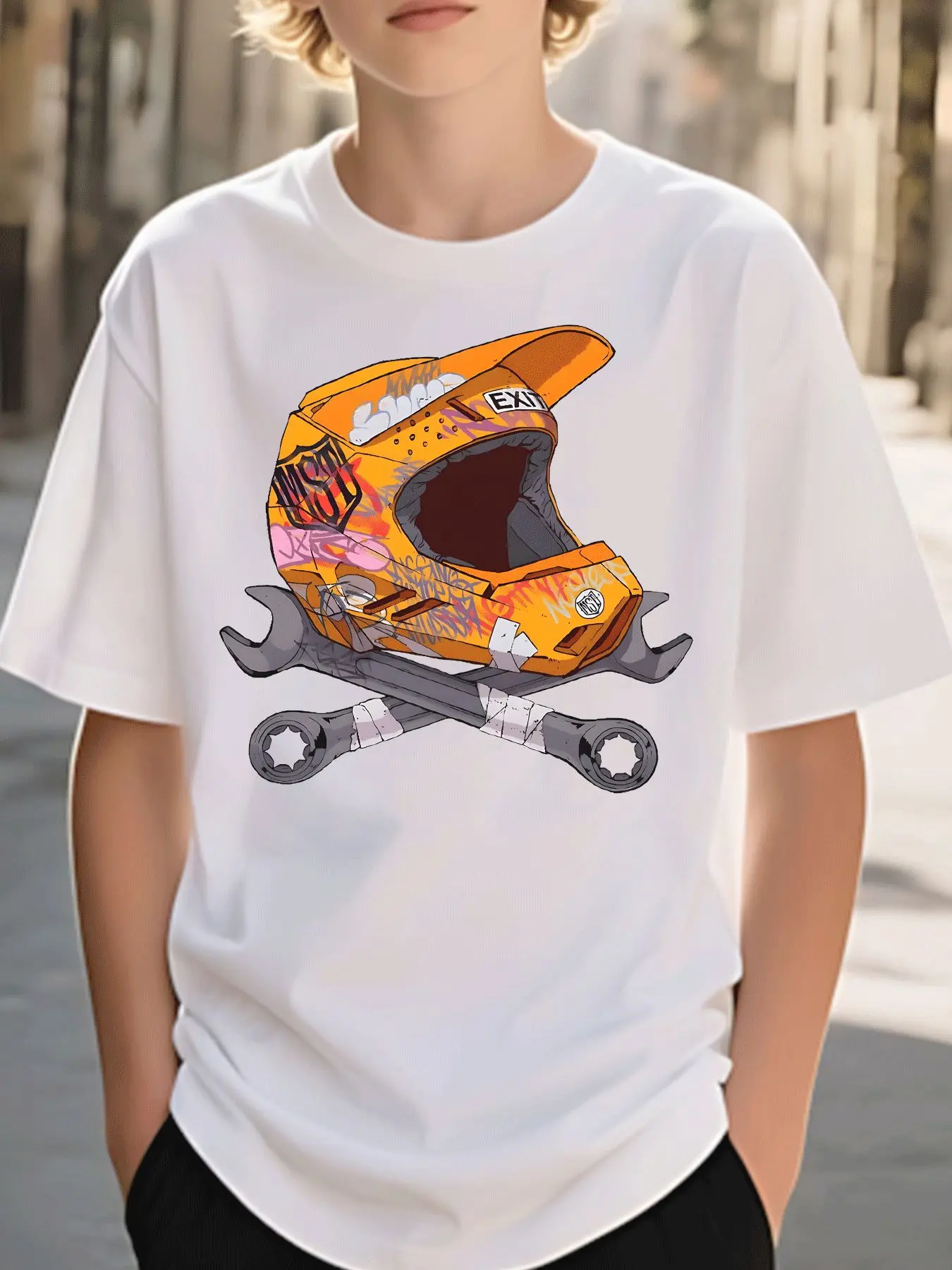 Children's Orange Motorcycle Off Road Helmet T-shirt Graffiti Art and Cross Wrench Pattern Round Neck Top Parent Child Clothing
