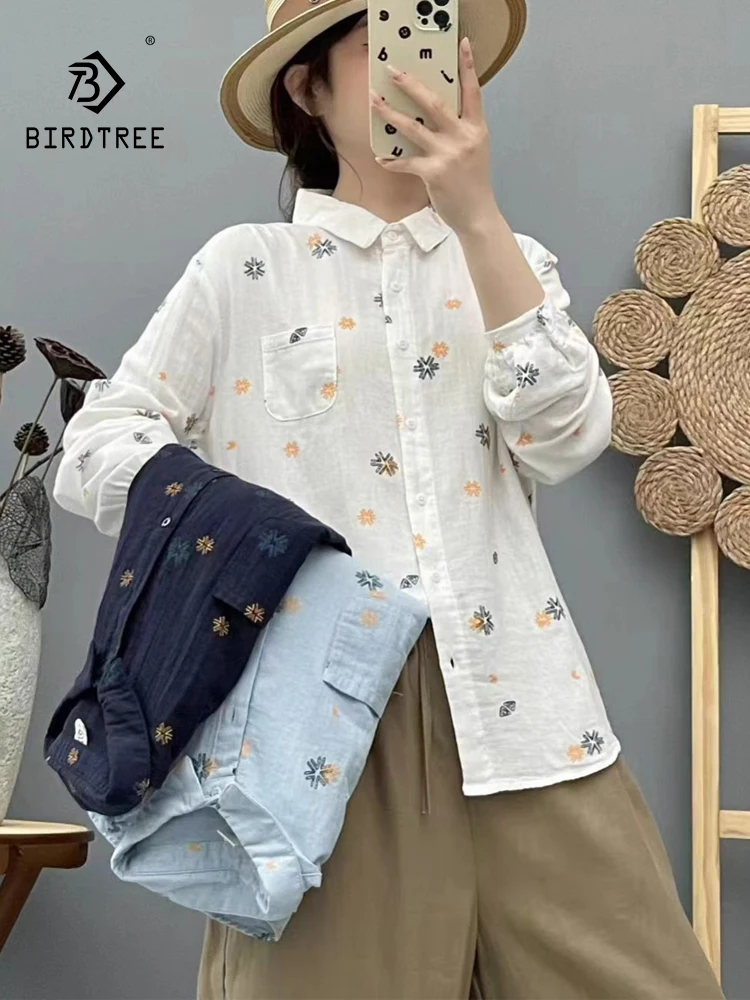 

New 2025 Autumn Cotton Yarn Long Sleeve Shirt, Women Turn-down Collar Print, Mori Girl Commute Versatile Loose Blouse T58952CC