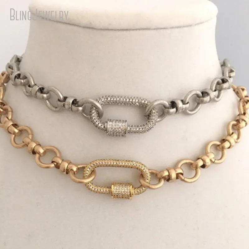 10pcs K Gold Color Carabiner Screw Clasp Lock Choker Necklace Women Silver Plated Stainless Steel Cable Chain Jewelry