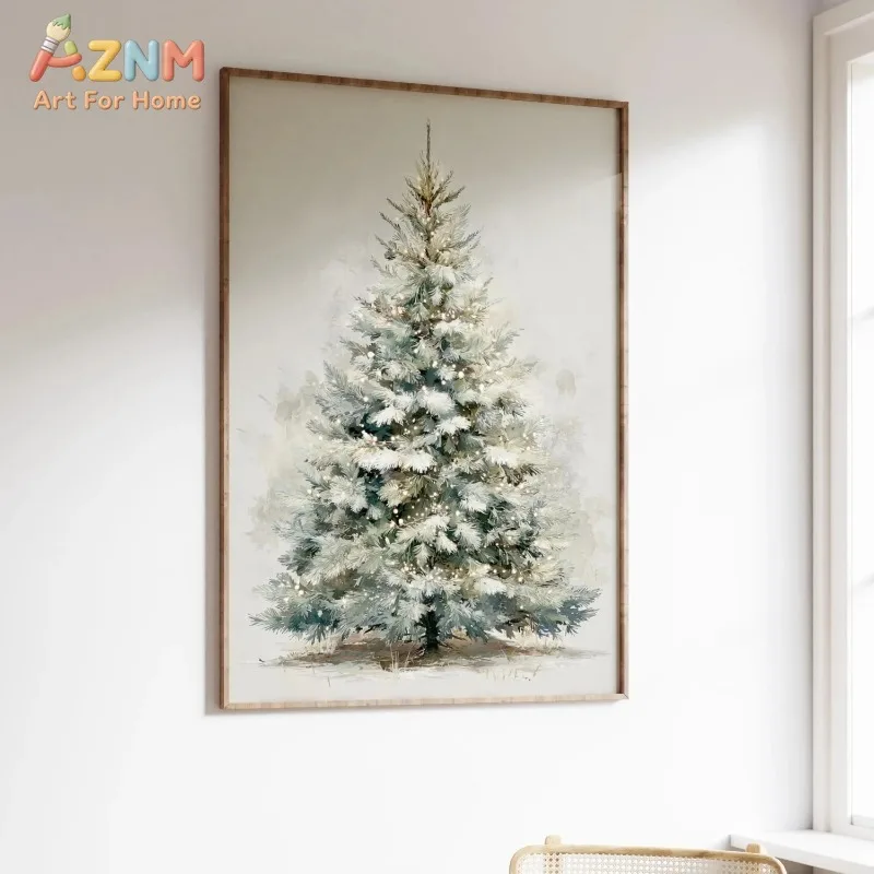 Winter Christmas Tree Canvas Wall Art Snow Dust Pine Tree Minimal Farmhouse Xmas Holiday Home Wall Print Unframed Canvas Poster