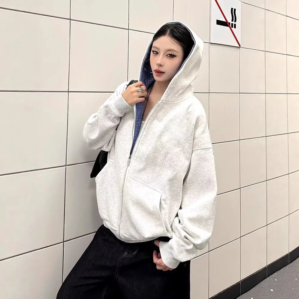 2026 Style Blue Checkered Hooded Zipper Cardigan - Loose, Long-Sleeved On Both Sides Casual And Fashionable For Daily Commuting