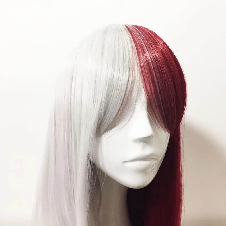 Unisex Half Red Half White Two Tone Long Straight Synthetic Hair Cosplay Wig
