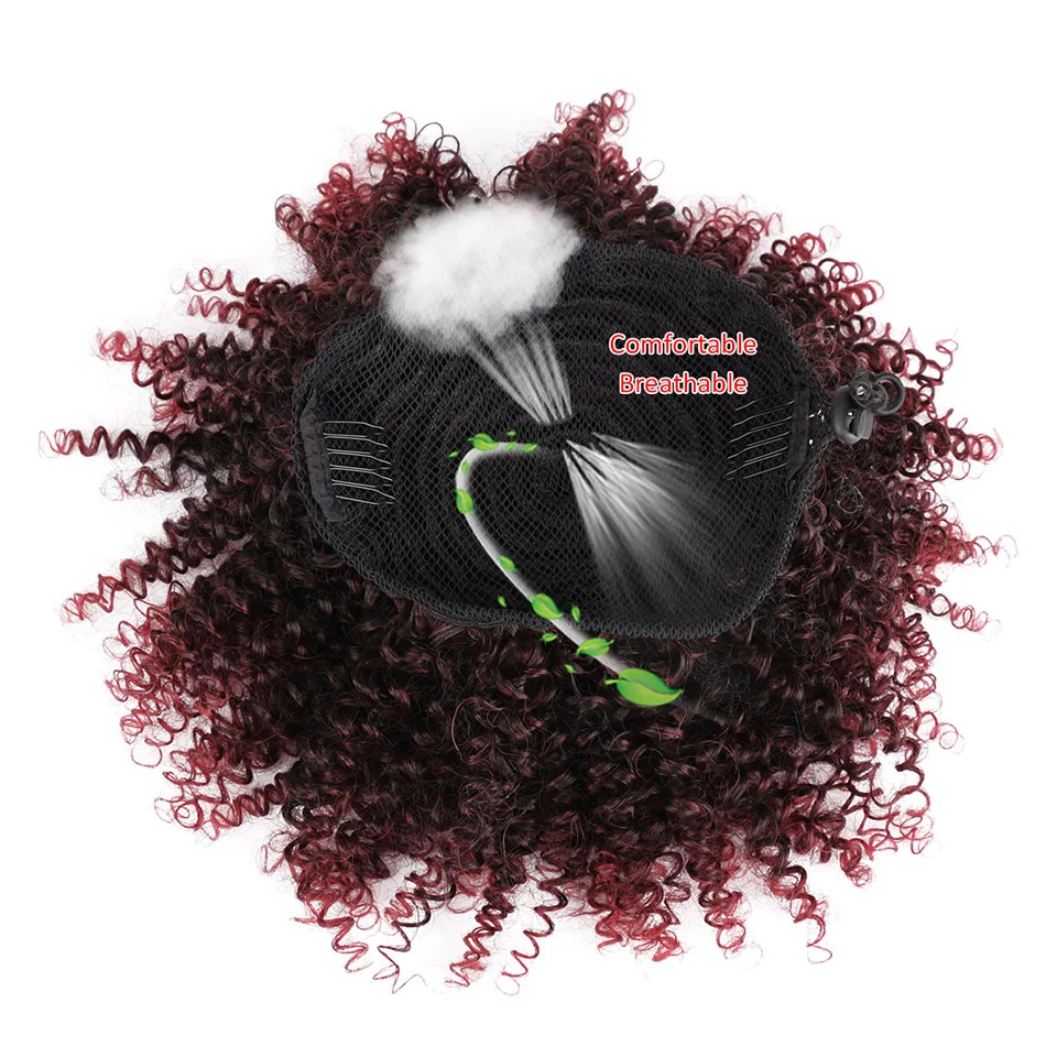BOL Afro Puff Ponytail Drawstring Synthetic Curly Ombre Burgundy Chignon Hairpiece Wrap Updo Hair Extensions with 2 Clips 8Inch
