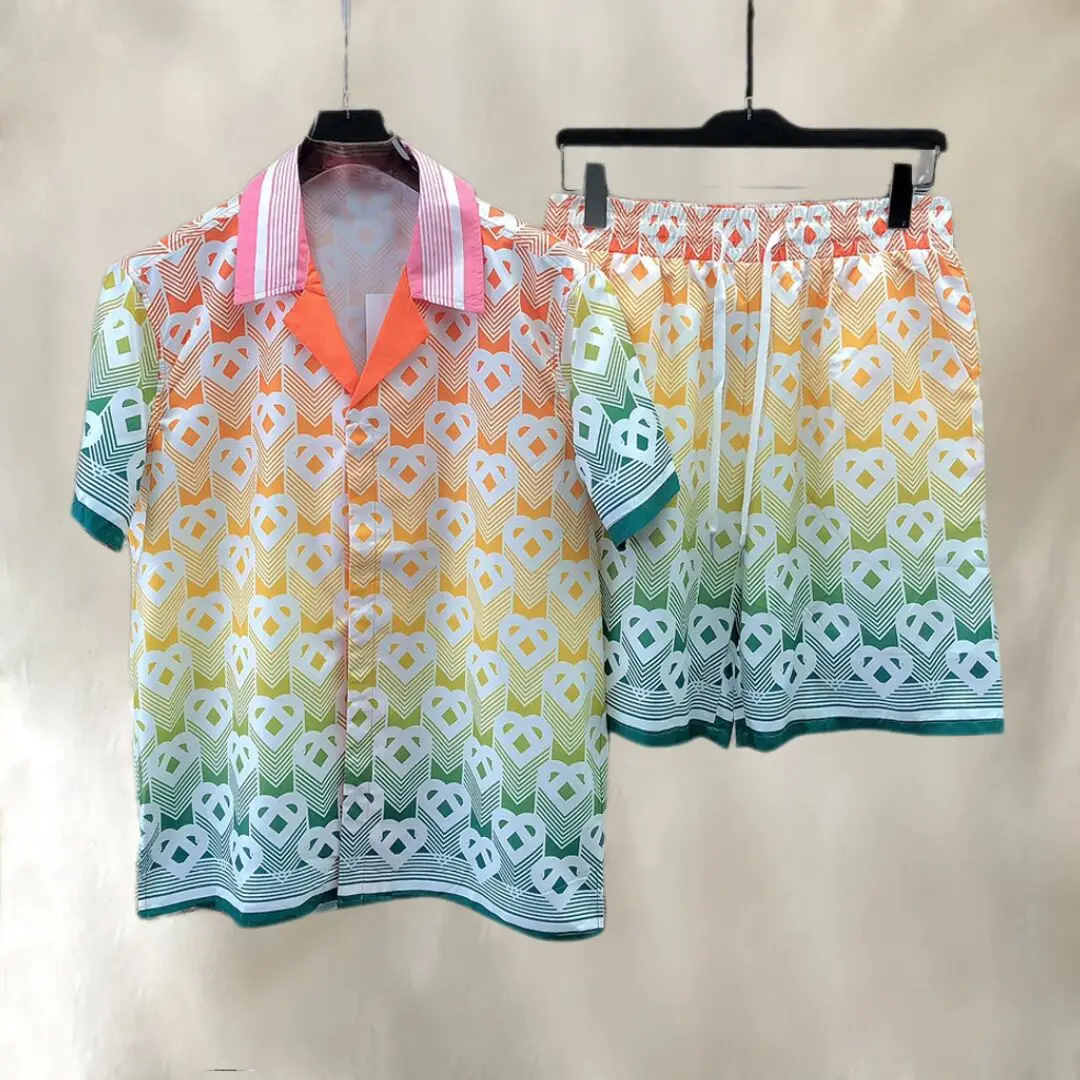 

Summer Two Piece Short Sleeve Cardigan Shirt Men Retro Geometric Contrast Pattern Set Top Quality Casual Holiday Printed Shirt