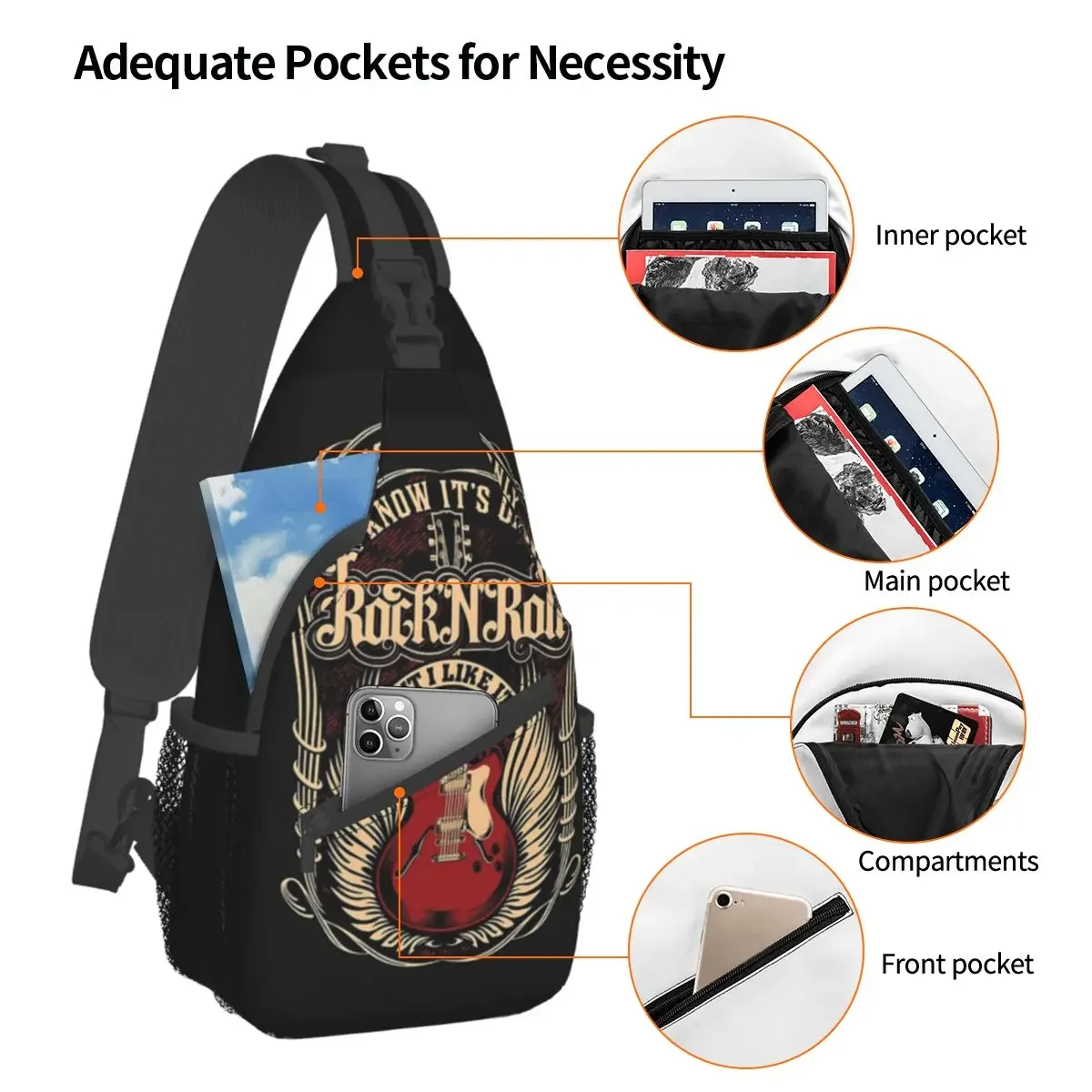 Rock And Roll Small Sling Bag Chest Crossbody Shoulder Sling Backpack Travel Hiking Daypacks Heavy Music Pattern Satchel