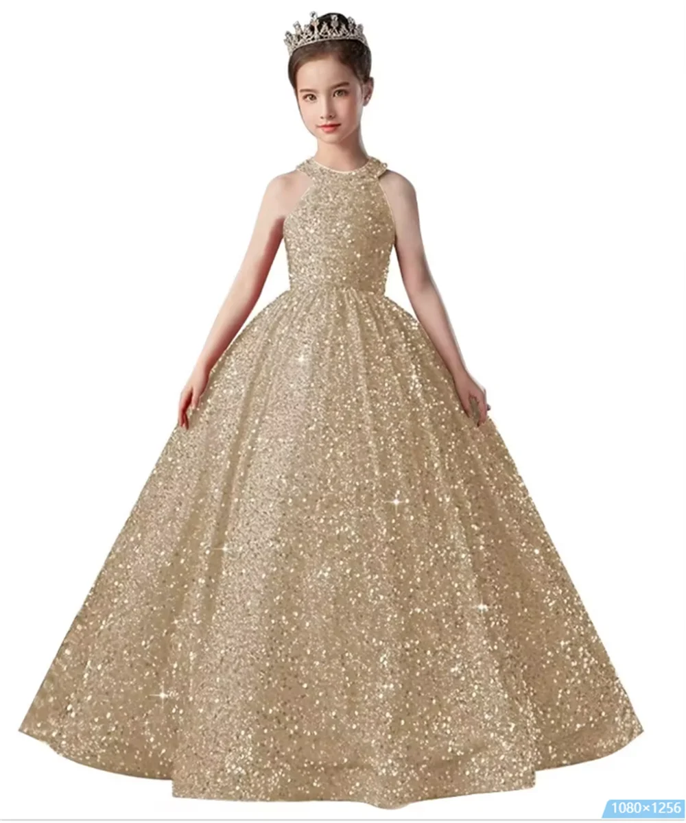 Espumante brilhante luz azul lindo vestido da menina de flor concurso de beleza longo para aniversários de casamento bebê princesa bola vestido de noite