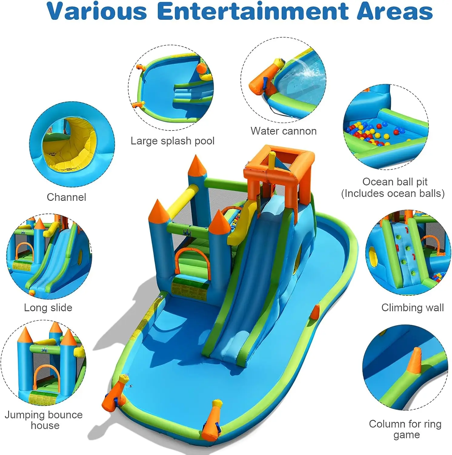 Inflatable Kids Slide Bounce House with Ball Pit Wet Dry Combo Outdoor Hide&Seek Cave for Racing Fun, Blow up Water Slides Infla