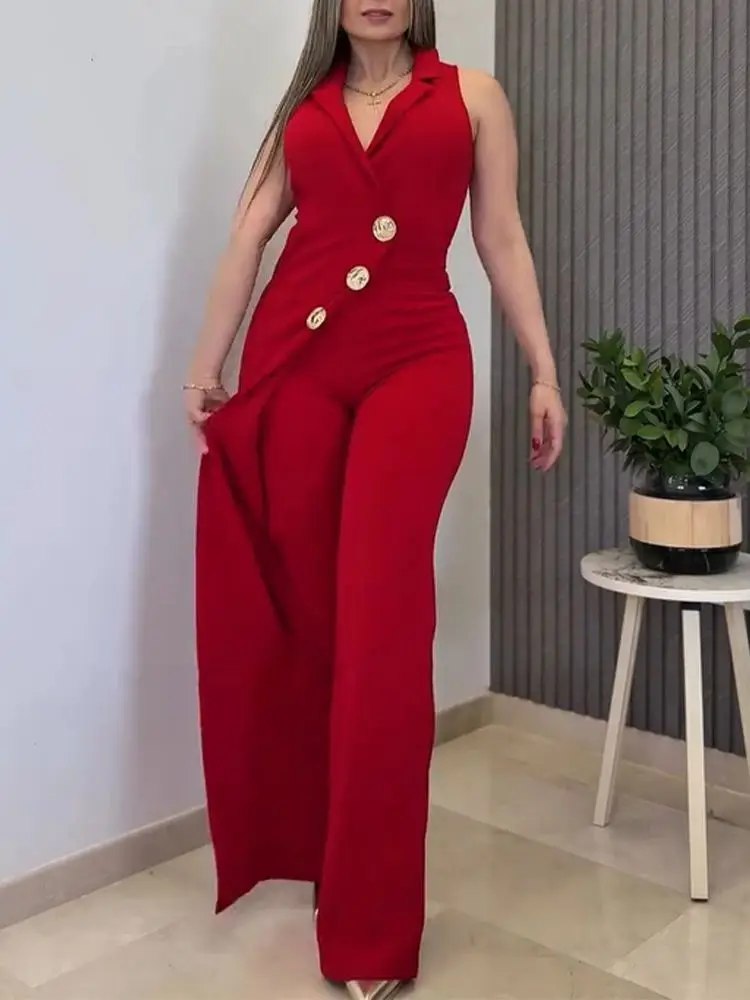 

Сексуальные красные комбинезоны женские с v-образным вырезом без рукавов с запахом спереди повседневный комбинезон с декором на пуговицах с зубчатым воротником на молнии сзади комбинезоны