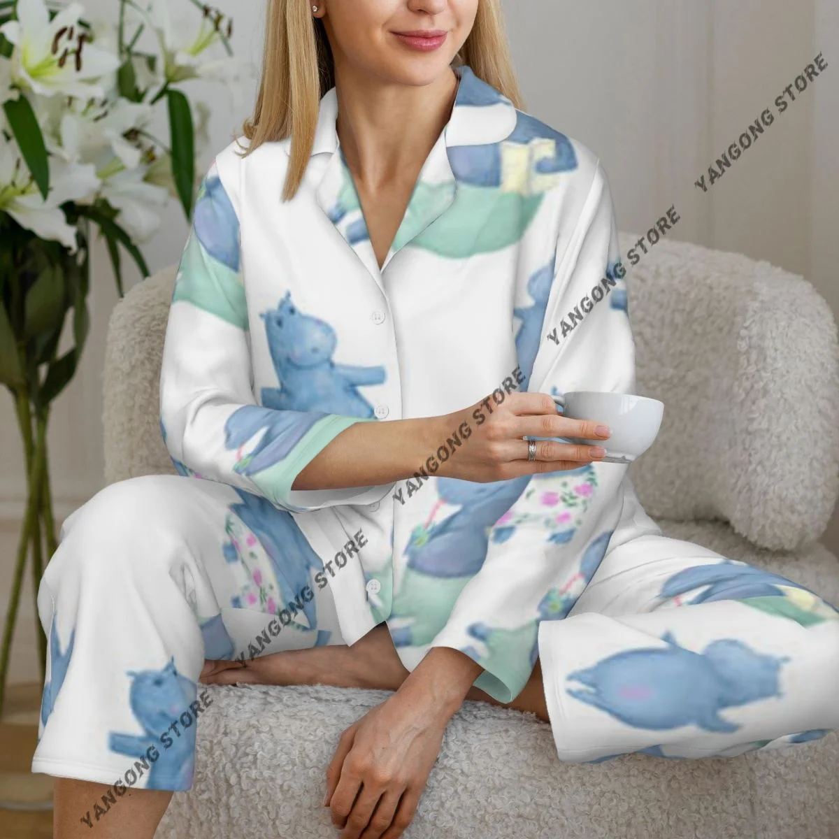 Women's Pajamas Long-sleeved Girl Loungewear Two-piece Set Cute Hippo Hippopotamus Pajamas for Autumn Spring
