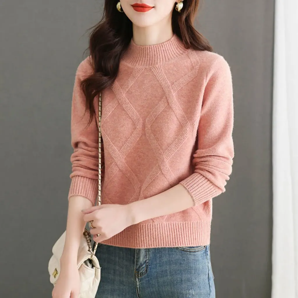 

Korean Style Women's Half Turtleneck Knitwear Short Quilted Loose Fit Bottoming Shirt Thickened Knitwear Top for Autumn Winter