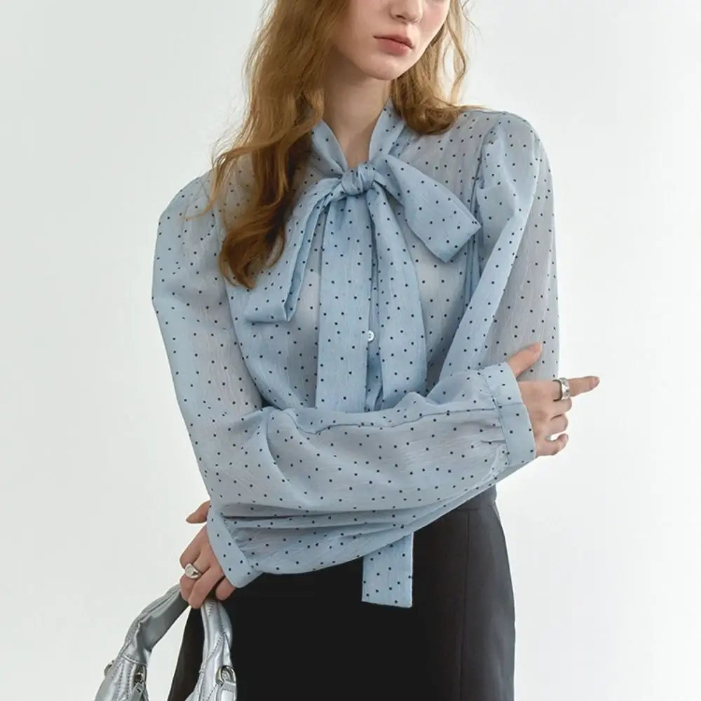 

Sweet Chiffon Blouses for Women Lace Tied Up Loose Long Sleeve Shirts Bottoming Shirt Ladies Top Clothes Dots Baggy Shirts