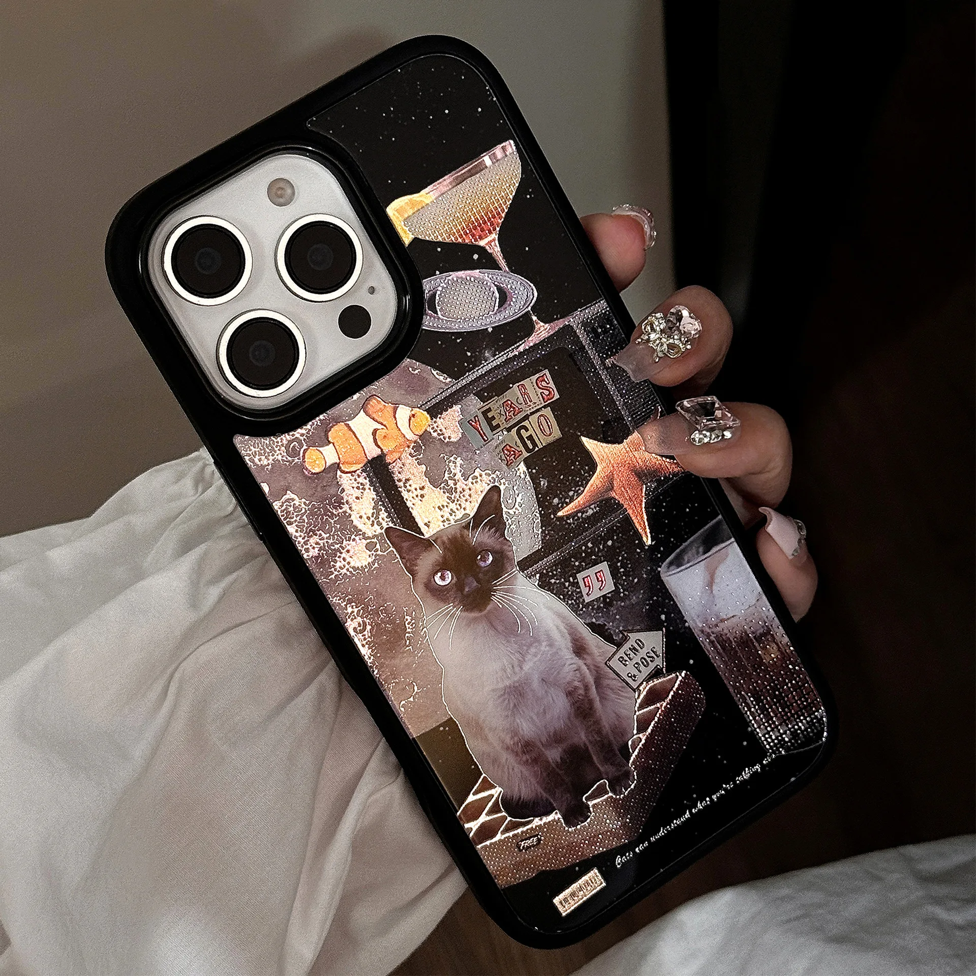 Luna espacio estrella de mar dorado copa de vino gatito gato arte funda de teléfono para iPhone 16 15 14 13 12 Pro Max funda bonita de dibujos animados