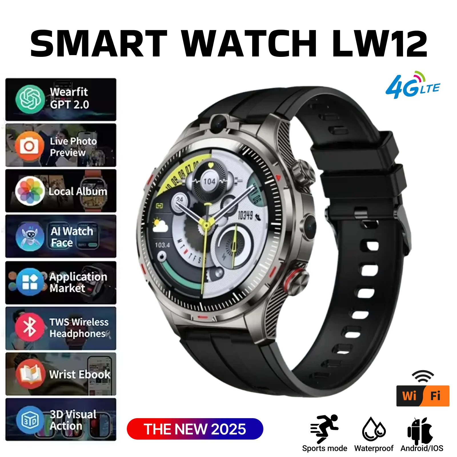 

LW12 Android Смарт-часы 8 ГБ + 128 ГБ памяти 4G Dual SIM-вызов Двойная камера Видеочат Спортивный режим Wi-Fi + GPS Унисекс для студентов