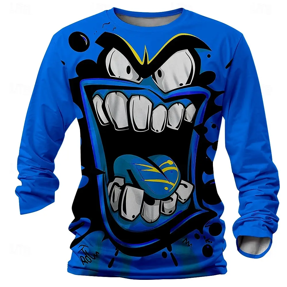 Lustiges 3D-T-Shirt mit großem Mund-Print für Herren, Hip-Hop-Trend, Harajuku-Streetwear-Mode, schlichtes Langarm-T-Shirt, lässige, lockere Oberteile