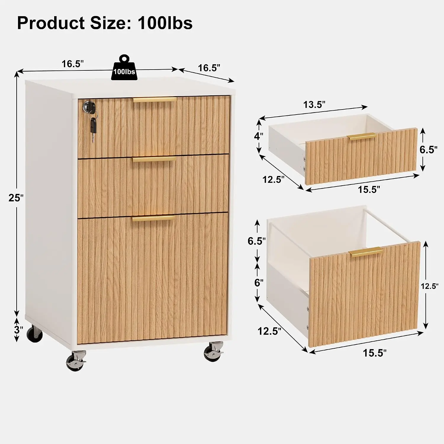 3 Drawers Fluted Mobile File Cabinet with Lock, Rolling File Cabinet Printer Stand Table, Under Desk Wooden Filing Cabinets for