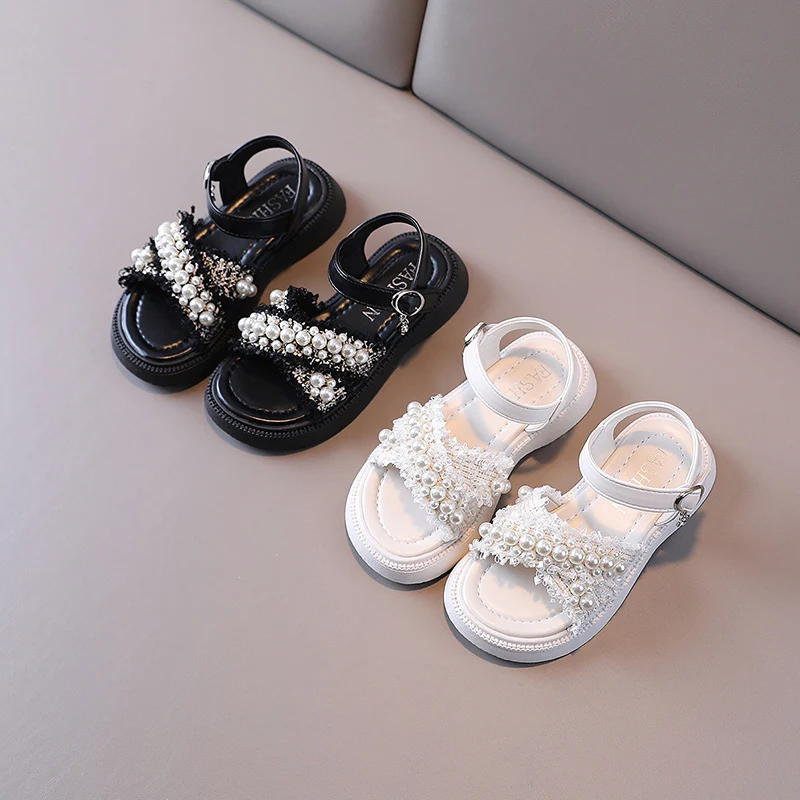 Princess  white sandals Pearl Platform Girls Beach Sandals 2023 Non-slip Flat Childre Girls Sandals Summer Girls Casual Shoes