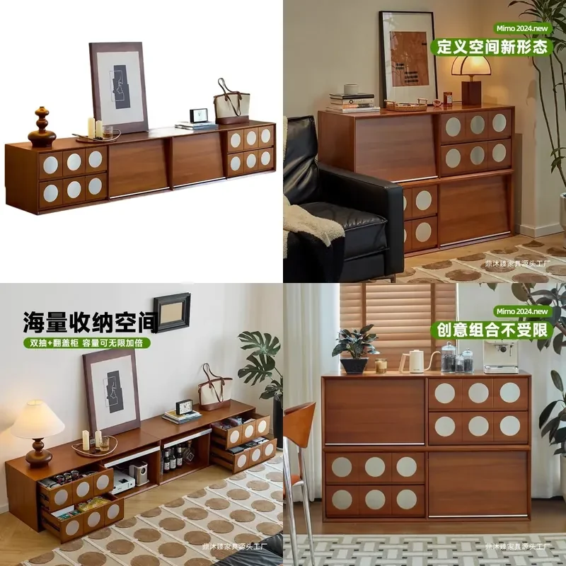 Retro Solid Wood TV Cabinet Storage Locker Integrated French Medieval Floor Standing Unit for Living Room Fixed Furniture