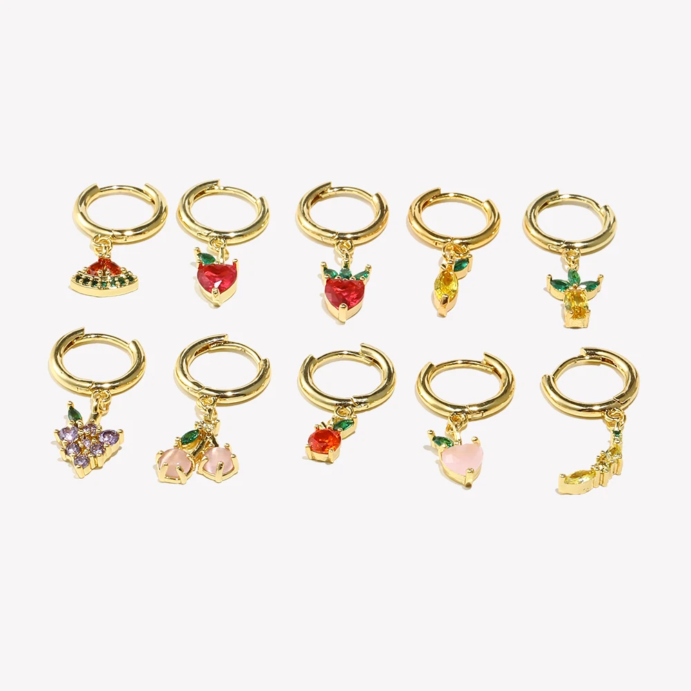 E.B.belle  Summer Hot Gold Color Filled CZ Fruit Grape Apple peach Cherry Charm Hoop Earrings Girl\'s Cute Small Hoop Earring