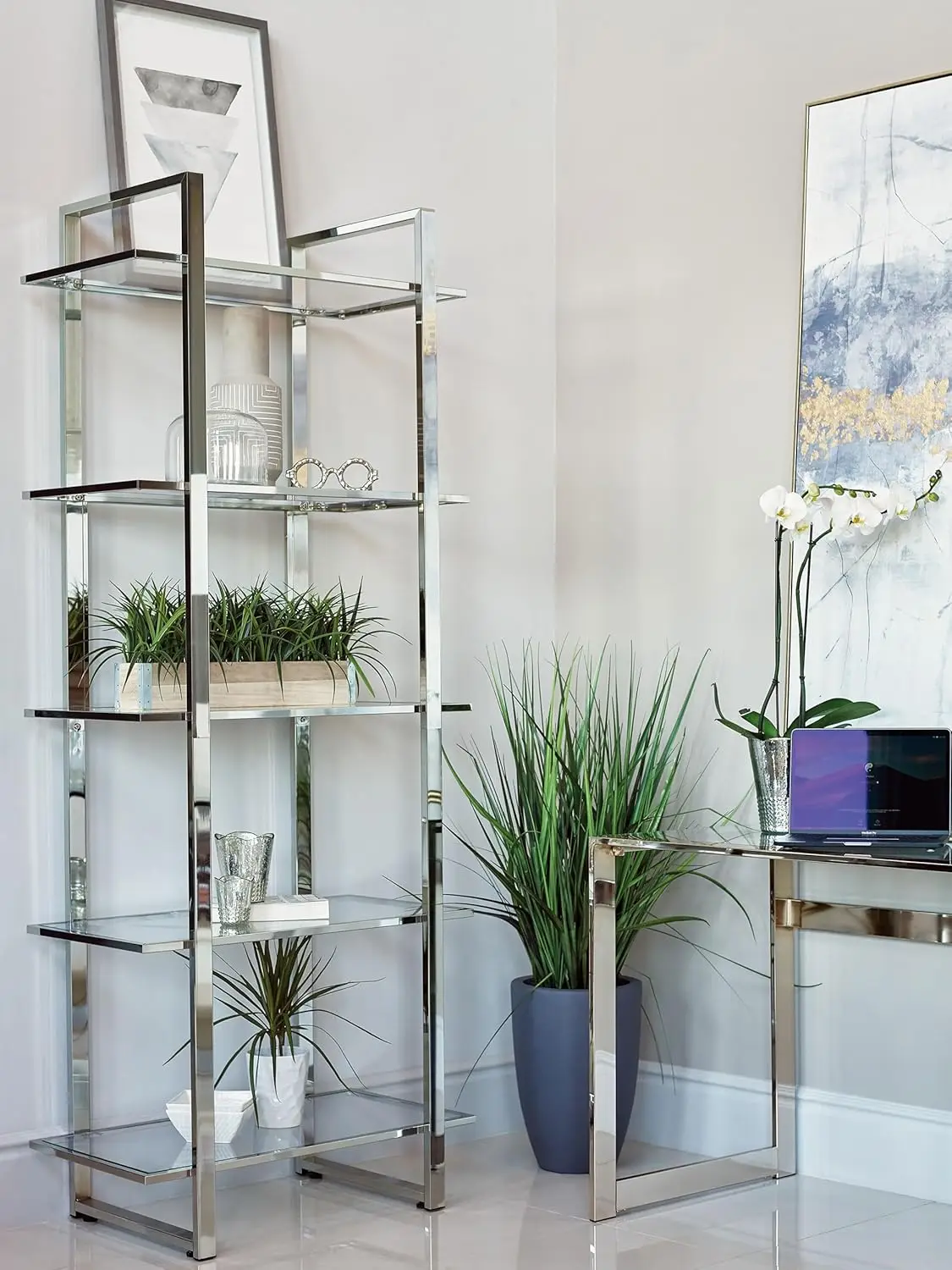 #5-Shelf Metal & Glass Bookshelf Tempered Glass Contemporary Living Room Home Office 79-Inch Chrome, Customized