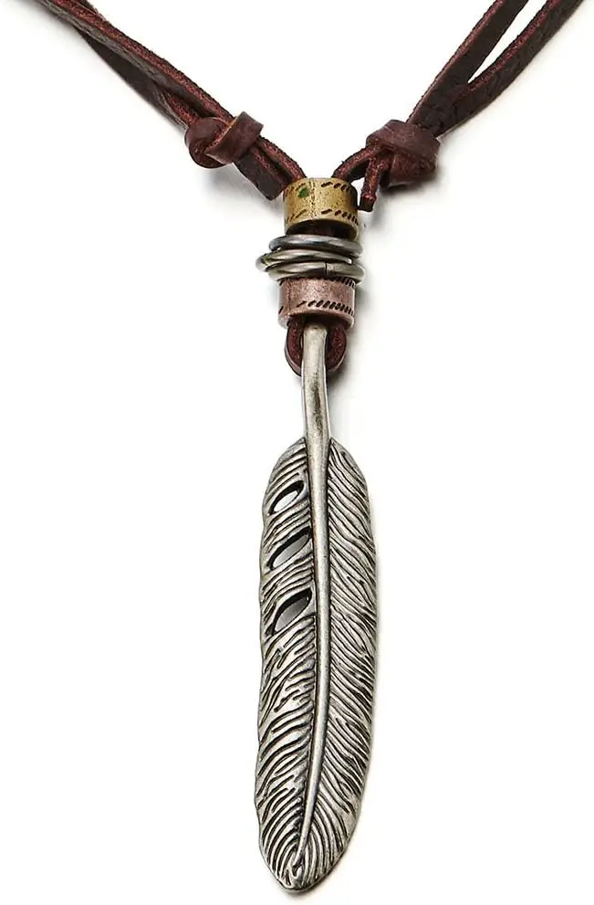 

Retro Style Feather Pendant Unisex Necklace for Mens Womens with Adjustable Leather Cord