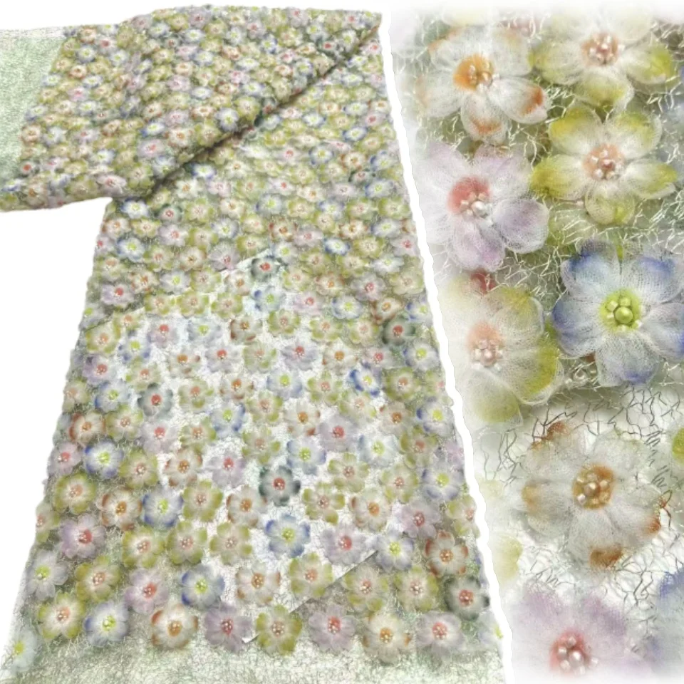 

High Quality French Beaded Lace 3D Colorful Gradient Latest Design Mesh Sequin Lace Fabric Embroidery Party Dress Sewing 2193