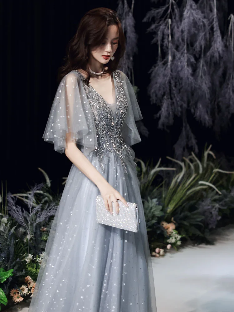 

Элегантное длинное вечернее платье с глубоким V-образным вырезом, дизайн для выпускного экзамена, новинка 2025 года, осень-зима, для новогодней конференции