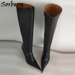 Sorbern Cow Leather Women Boots Knee High Pointed Toe 10Cm -12Cm High Heel Stilettos Real Leather Lining Soles Custom Legs