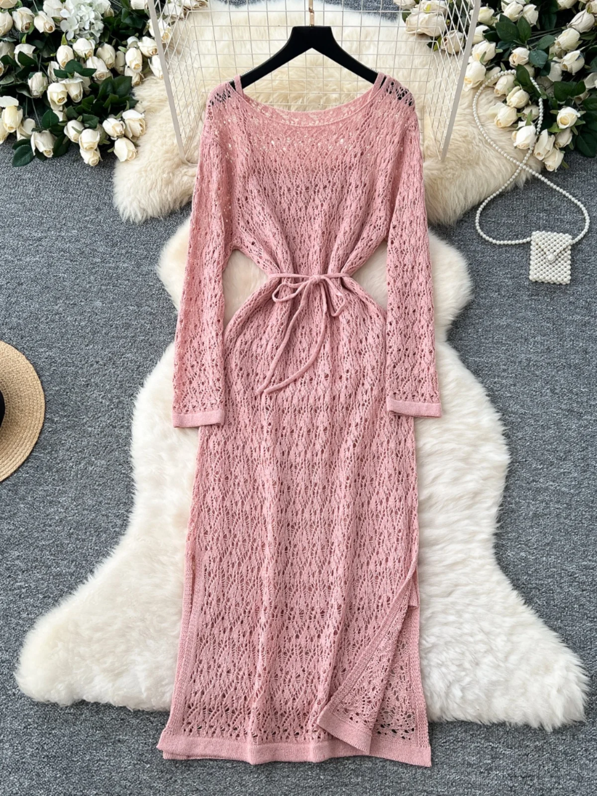 

Korean Gentle Sle Age-Defng Two-Piece Set Women's Strap Dr Belted Waist Slit Hollow Knitted Dr Faionable Ensemble