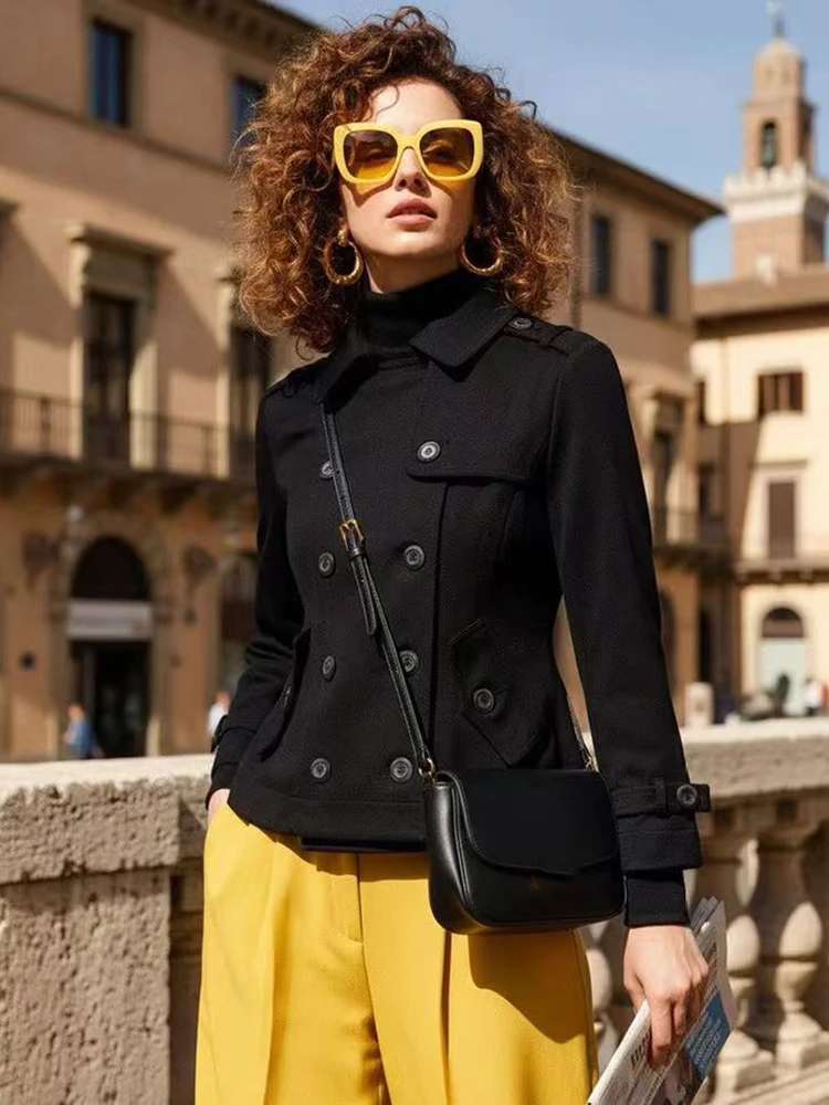 

Black Double Breasted Crop Jacket Women Y2K Spring Luxury Office Lady Slim Coat Female Lapel All Match Short Outerwear New