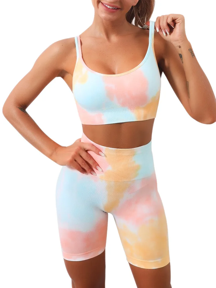 

Бесшовный комплект для йоги для тренировок, окрашенный в галстук, короткая форма для йоги с высокой талией, четыре способа, эластичный, подтягивающий ягодицы, мягкий повседневный костюм для йоги