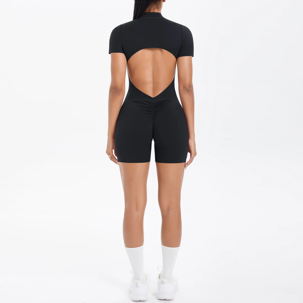 Ausgehöhlter, rückenfreier, kurzärmliger Reißverschluss-Overall für Damen, Overall, Yoga-Anzug, einteilige Legging, kurze Push-Up-Gymnastik-Yoga-Kleidung – Detail 34