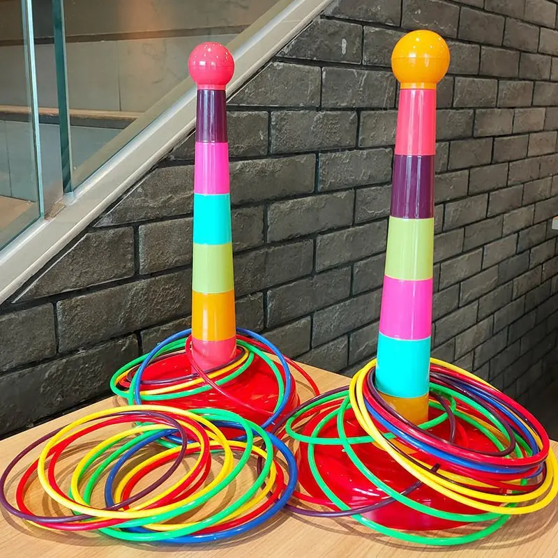 

Plastic Rings + Rainbow Tower Kids Ring Toss Booth Carnival Backyard Outdoor Sports Toys Throwing Speed Agility Training Games