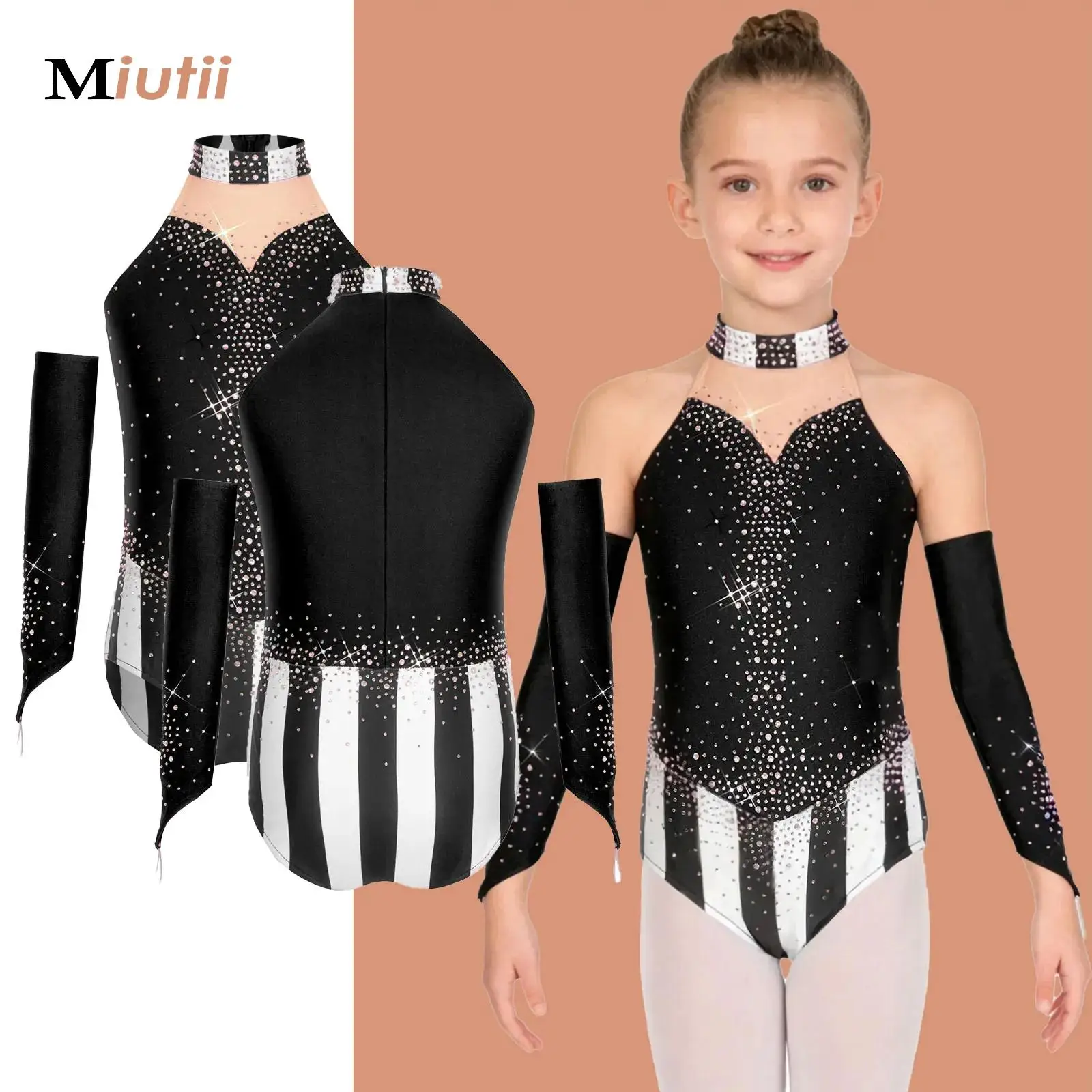 

2Pcs Girls Shiny Sequins Jazz Latin Dance Leotard Gymnastics Performance Outfit Sleeveless Striped Circus Santa Bodysuit+Gloves