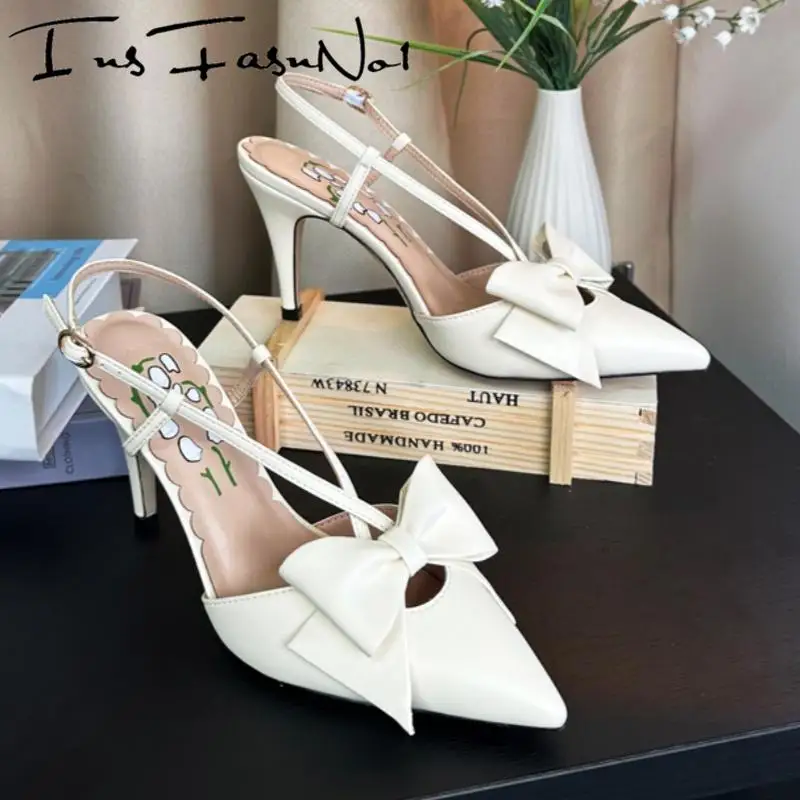 

Fashion Pointed Toe Butterfly Knot Women Sandals All Match Belt Buckle Thin High Heel Lady Single Shoes Casual Dress Party Pumps