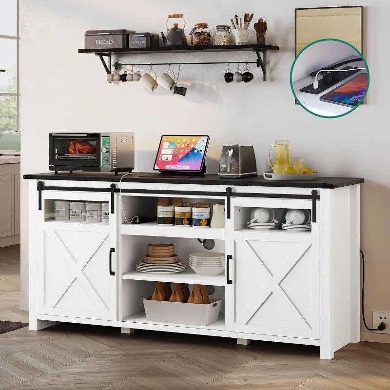 66'' Farmhouse Sideboard Buffet Cabinet w/Sliding Barn Doors and Adjustable Shelf, Large Coffee Bar Wine Bar Cabinet