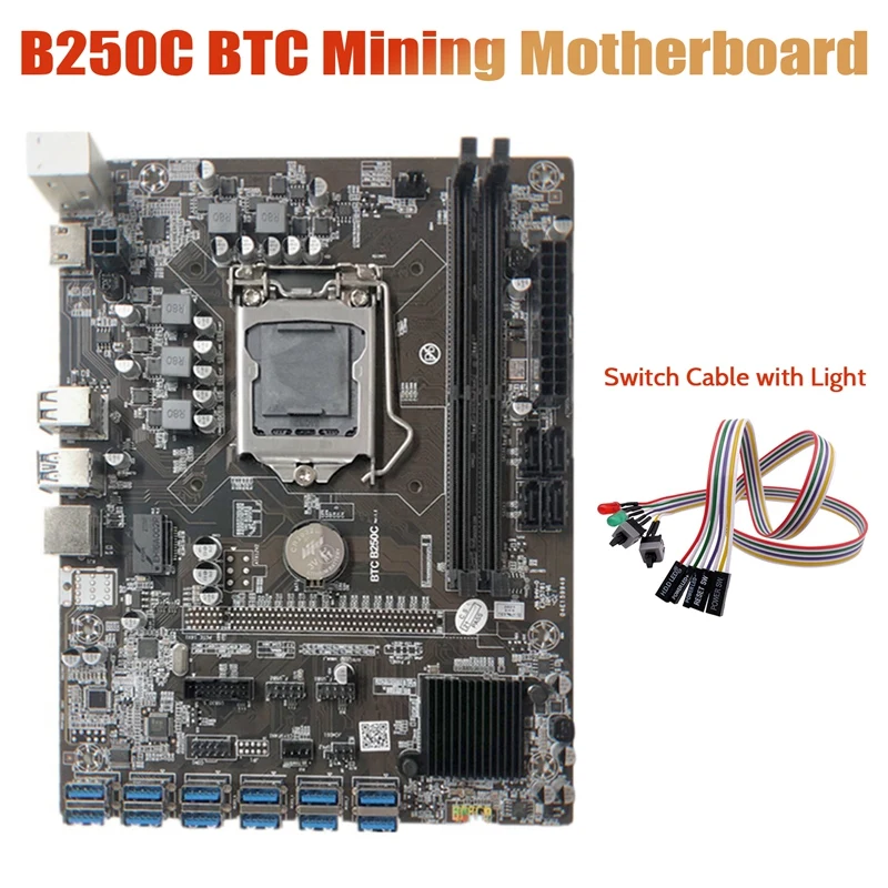 

Материнская плата B250C Miner + кабель с двойным переключателем и подсветкой, 12 слотов PCIE к USB3.0, слот для видеокарты LGA1151 DDR4 для добычи BTC