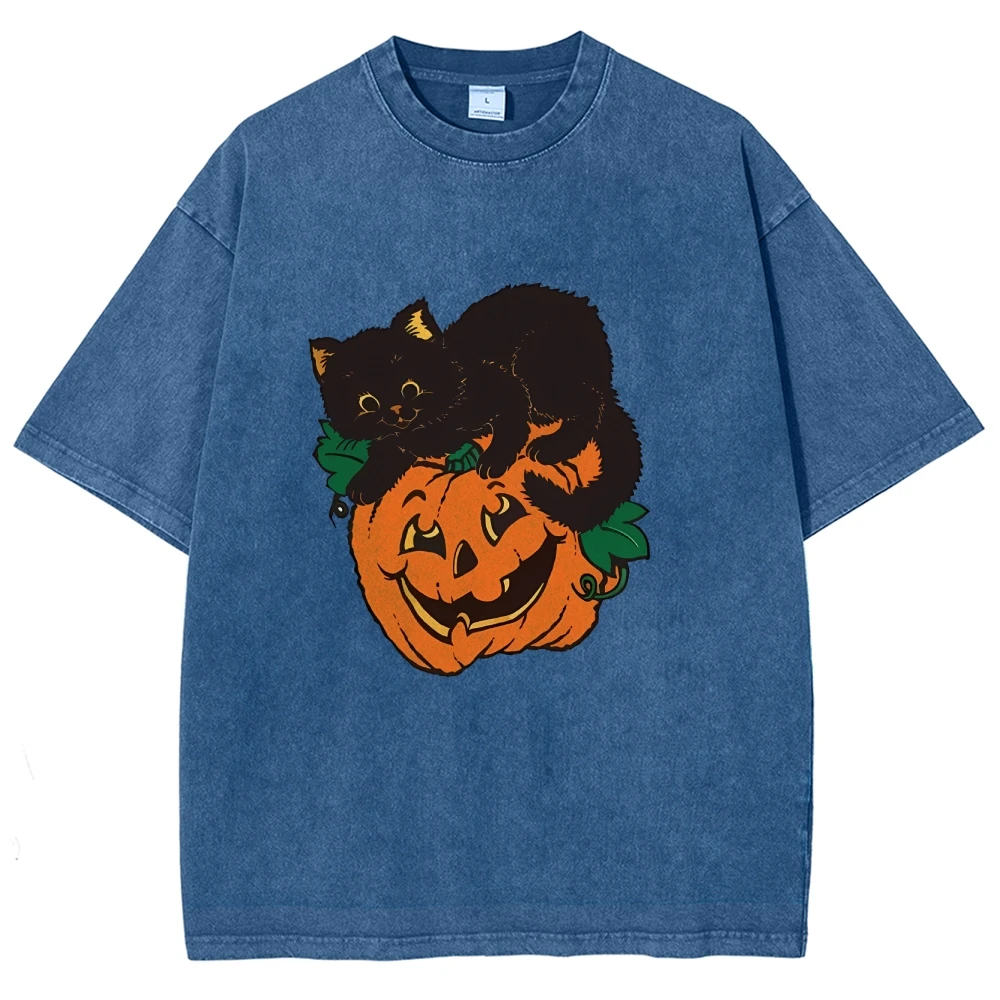 Halloween Pumpkin Kitten Print T-Shirt Pure Cotton Round Neck Shoulder High Gram Weight Designer New Trendy Short Sleeves