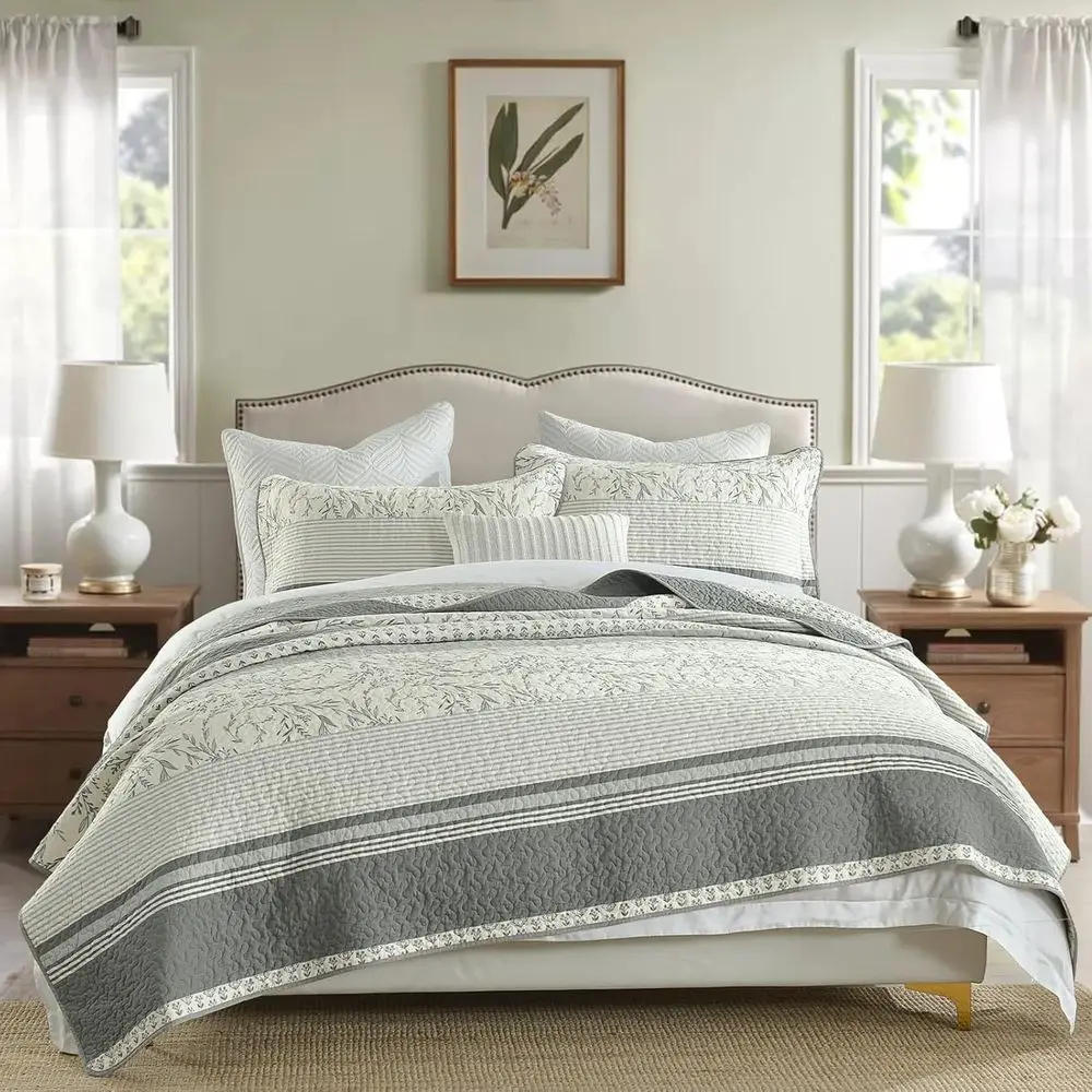 

King Size Cotton Quilt with Pillow Shams - Reversible Lightweight Comforter Set for All Seasons, Gray/Harbor Mist/Star White