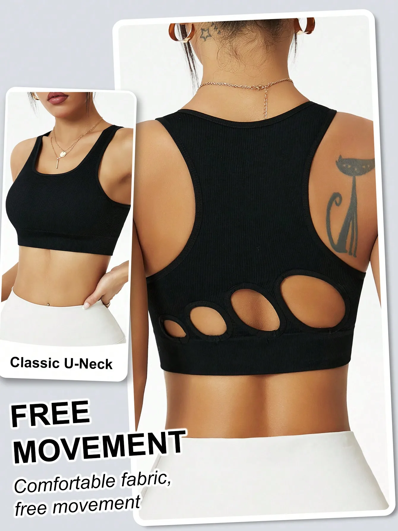 Women Ribbed Seamless Sports Bra Cutout Back Racerback Yoga Bra Padded U Neck Workout Crop Top Gym Fitness Activewear Black