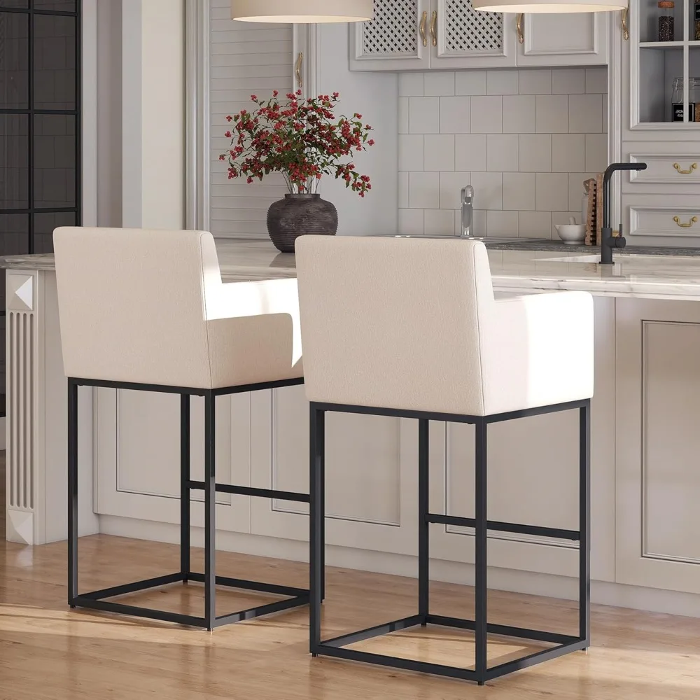 Conjunto de 2 bancos de bar modernos com altura de balcão, bancos de bar estofados em tecido de linho com costas, bancos de ilha de cozinha de 30 polegadas com inteligência
