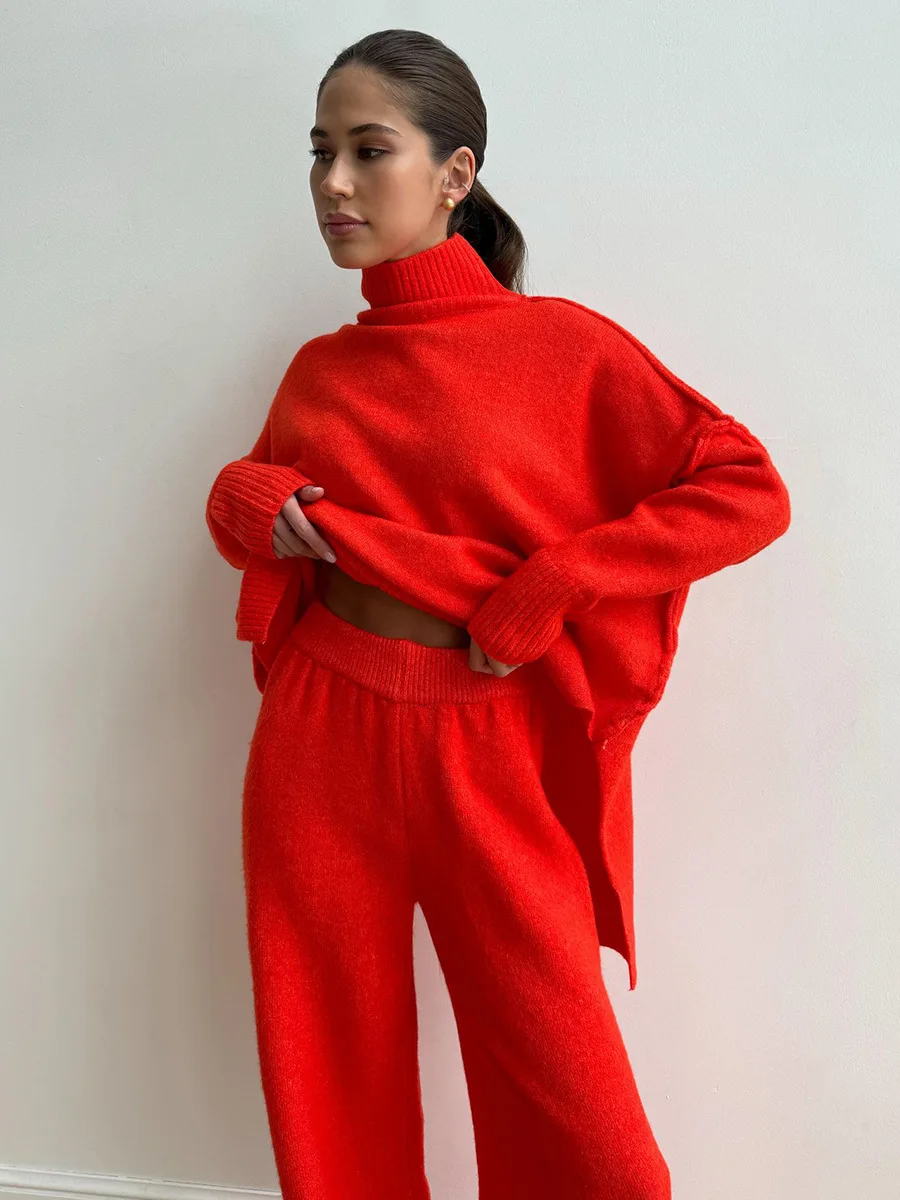 High-necked Sweater And Wide Leg Pant Winter Wome Suit Loose Knit Pullover Top And Long Trouser Two Piece Set Casual Outfits