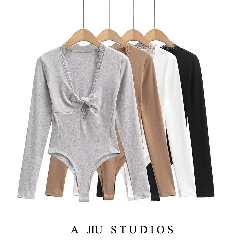 

ey Lace Hollow out Knot Splice Long Sve Onesie Women's Ele Slimming T-irt Top High Street Sle ort Pants