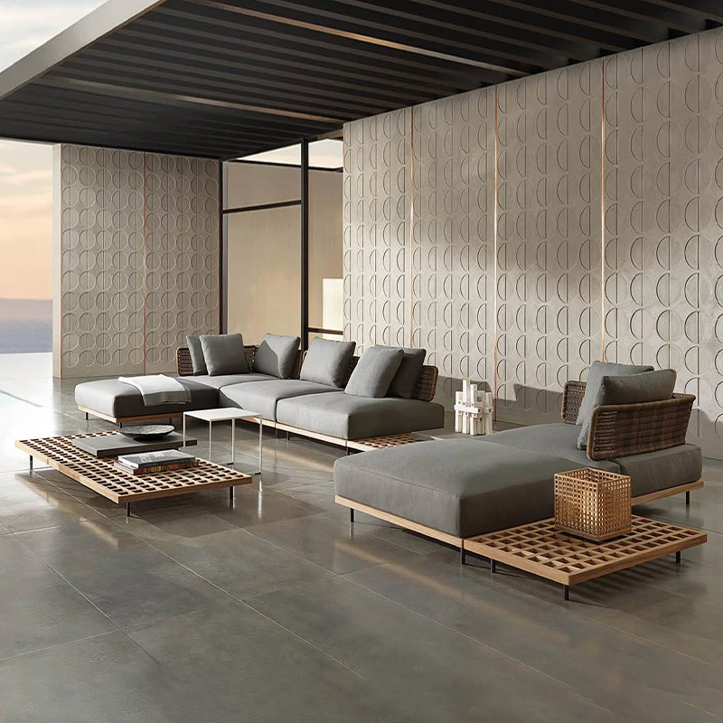 

Minimalist Garden Sofa Set, Outdoor Furniture, Teak Wooden L-shape Rattan Sofa, Poolside Living Room Patio Sets