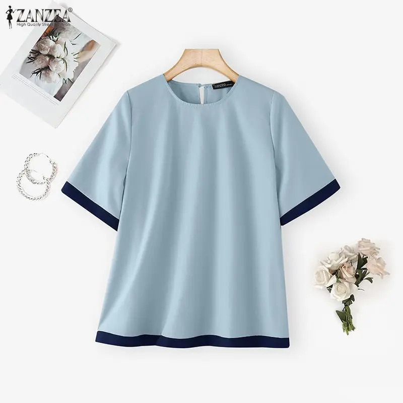 

ZANZEA Elegant OL Work Women Blouse Summer Half Sleeve Tops Loose Patchwork Blouses Oversize Blusas Party Streetwear Female Tops