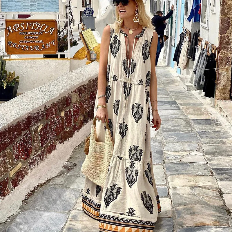 2024 Summer New Bohemian Dress Women Deep V Neck Printed Long Skirt Loose Sleeveless Lace Up Dress Lady Casual Vacation Style